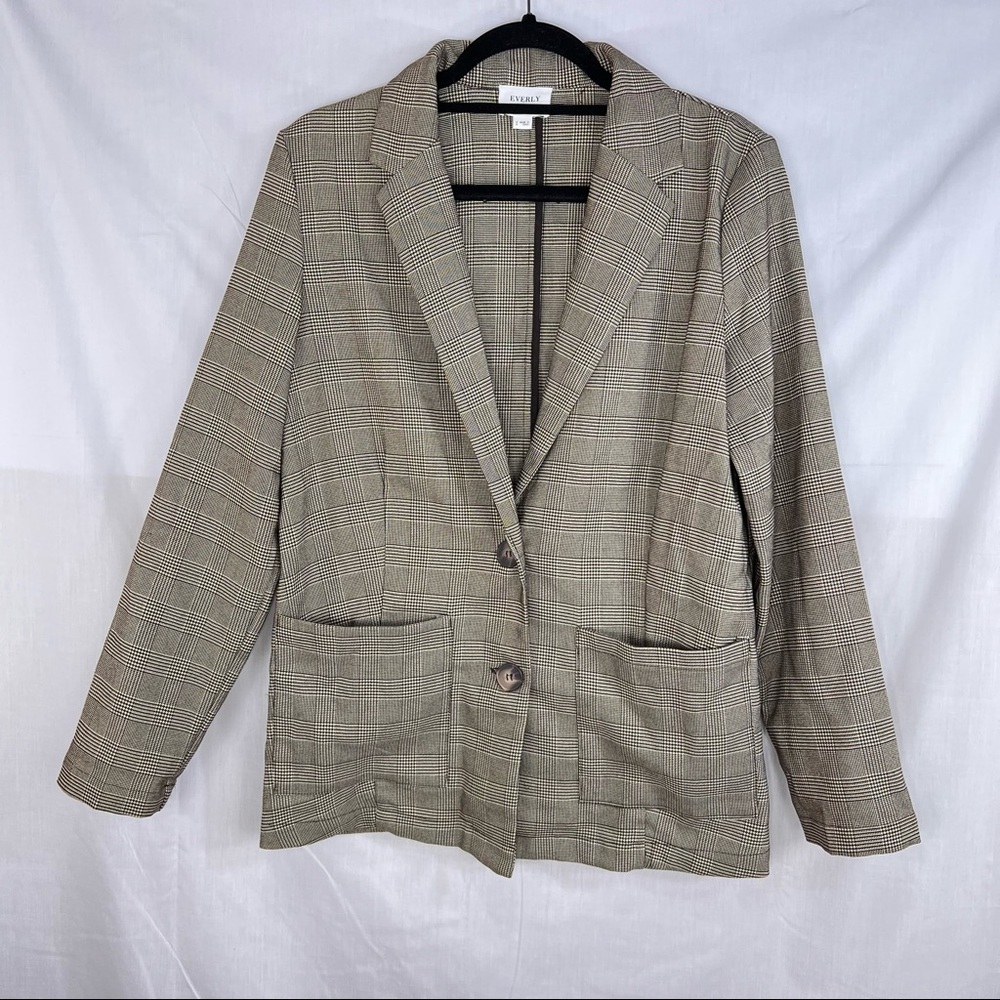 Everly Oversized Boyfriend Women’s Brown Plaid Blazer Sz S Accademia Preppy EUC